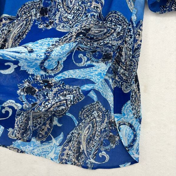 Chico's Duster Blouse Size L Blue White Paisley Button Up Semi Sheer Longline - Picture 4 of 12